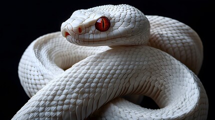 Fototapeta premium Albino Snake: An albino snake with pure white scales and striking red eyes, set against a dark background. 