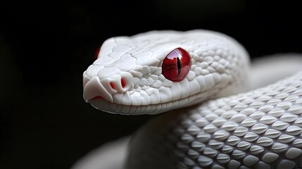 Fototapeta premium Albino Snake: An albino snake with pure white scales and striking red eyes, set against a dark background. 