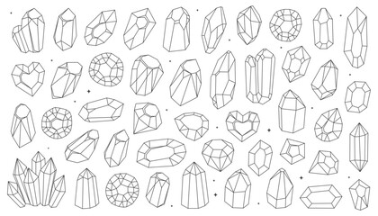 Set of outline crystals and stones. Crystals and diamonds, gemstones, precious stones, treasures. Doodle illustrations, line, icons, logo design. Magic and esoteric stones.