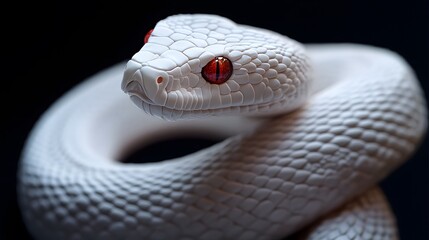 Fototapeta premium Albino Snake: An albino snake with pure white scales and striking red eyes, set against a dark background. 