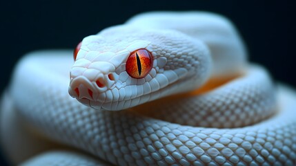 Fototapeta premium Albino Snake: An albino snake with pure white scales and striking red eyes, set against a dark background. 