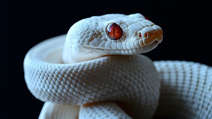 Fototapeta premium Albino Snake: An albino snake with pure white scales and striking red eyes, set against a dark background. 