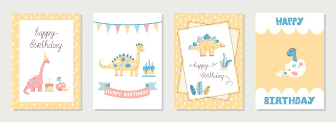 Collection of cute dinosaur cards. Happy Birthday cards and greetings. Hand drawn in pastel colors. Vector illustration. © plaksik13
