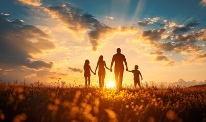 happy family, mother, father, children son and daughter on nature on sunset - Powered by Adobe