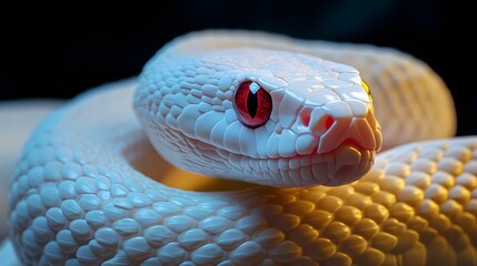Fototapeta premium Albino Snake: An albino snake with pure white scales and striking red eyes, set against a dark background. 