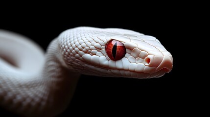 Albino Snake: An albino snake with pure white scales and striking red eyes, set against a dark background.
