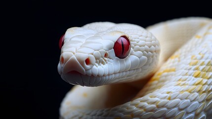 Fototapeta premium Albino Snake: An albino snake with pure white scales and striking red eyes, set against a dark background. 
