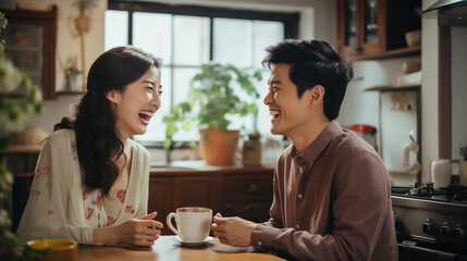 Asian married couple smiling and looking to camera at kitchen in home.