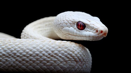 Fototapeta premium Albino Snake: An albino snake with pure white scales and striking red eyes, set against a dark background. 