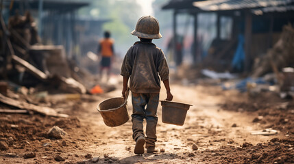 Child labor carrying a cement bucket in construction site, stop child labor.
