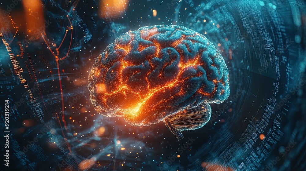Poster a digital representation of the human brain with glowing lines and dots