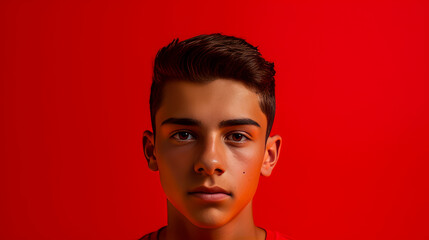 Happy cheerful young latino generation z. Smiling funny ethnic cool generation z teenage student, red background.