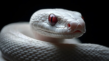 Fototapeta premium Albino Snake: An albino snake with pure white scales and striking red eyes, set against a dark background. 