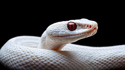 Fototapeta premium Albino Snake: An albino snake with pure white scales and striking red eyes, set against a dark background. 