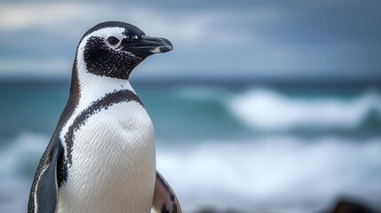 Obraz premium An intimate close-up of a penguin standing on the shore, side view, with gently blurred waves in the background.