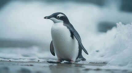 Fototapeta premium An intimate close-up of a penguin standing on the shore, side view, with the waves softly blurred in the background.