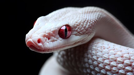 Fototapeta premium Albino Snake: An albino snake with pure white scales and striking red eyes, set against a dark background. 
