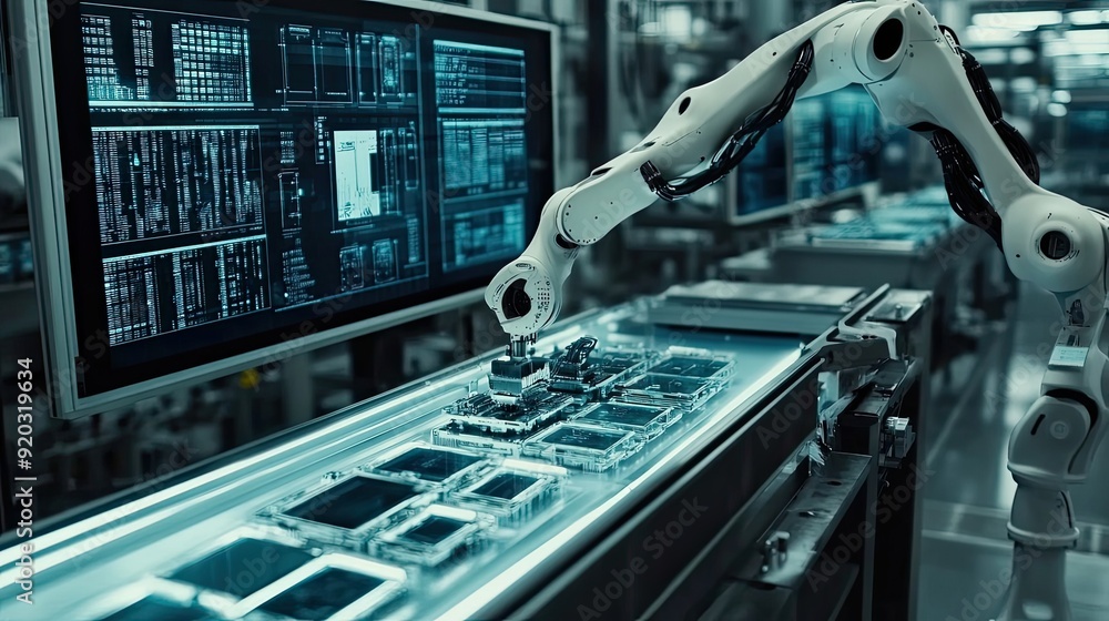 Poster robotic arm assembling electronic components on a conveyor belt in a factory setting