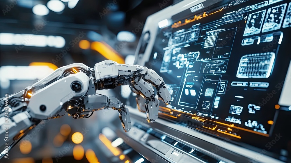 Poster a robotic hand interacting with a futuristic interface.