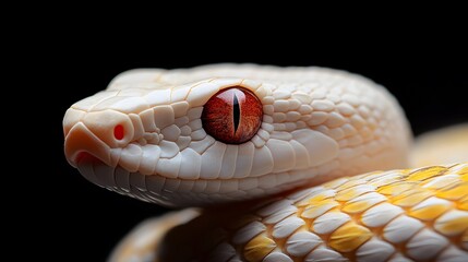Albino Snake: An albino snake with pure white scales and striking red eyes, set against a dark background.
