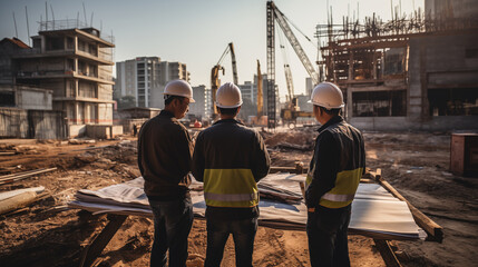 Engineering, workers and architects wearing work clothes meeting and discussion in construction site.