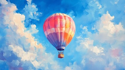 Naklejka premium Colorful hot air balloon drifting through a serene sky, watercolor oil painting with soft pastels, ideal for a playful child's room atmosphere