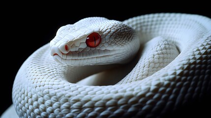 Fototapeta premium Albino Snake: An albino snake with pure white scales and striking red eyes, set against a dark background. 