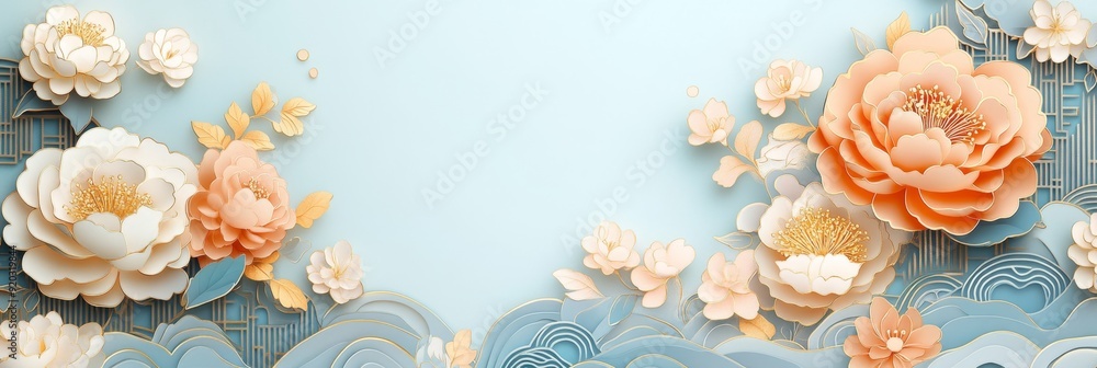 Wall mural Blue and gold floral background with peach and white paper flowers, leaves and abstract shapes.