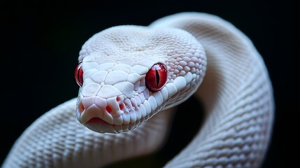 Fototapeta premium Albino Snake: An albino snake with pure white scales and striking red eyes, set against a dark background. 