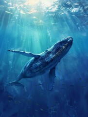 Naklejka premium A whale swimming underwater, with rays of sunlight shining through the water surface. Whale in the deep blue ocean