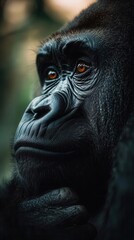 Obraz premium An intimate close-up of a gorilla sitting in a wildlife reserve, side view, focusing on the expressive eyes in soft light.