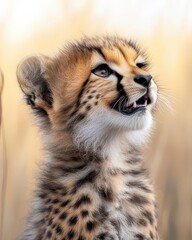 Obraz premium An intimate close-up of a cheetah cub playing in the savannah, side view, showcasing the detailed fur under warm lighting.