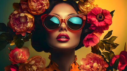 A stylish woman surrounded by vibrant flowers, exuding confidence and fashion.