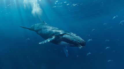 A whale swimming underwater, with rays of sunlight shining through the water surface. Whale in the deep blue ocean