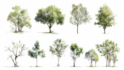 Different types of trees illustrated in various stages of growth and foliage patterns