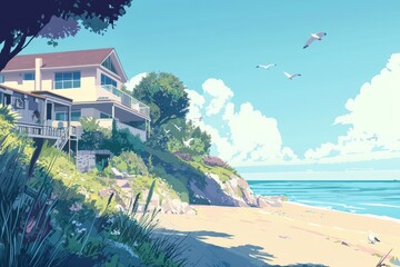 Fototapeta premium A quiet coastal view with distant seagulls and a relaxed, cozy feel. Cozy vibe, Generative AI
