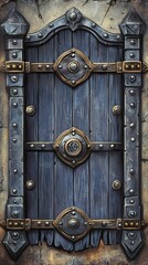Fototapeta premium Ornate Wooden Door with Metal Accents and Rivets