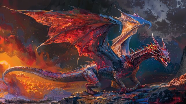 The ancient dragon Beowulfs dragon, rendered with fierce elegance and vibrant colors in a scene of Renaissance art