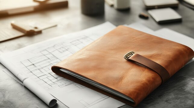 Distressed leather portfolio, showcasing a collection of diverse architectural blueprints, some in progress, laid on an industrial-style desk, bathed in soft light