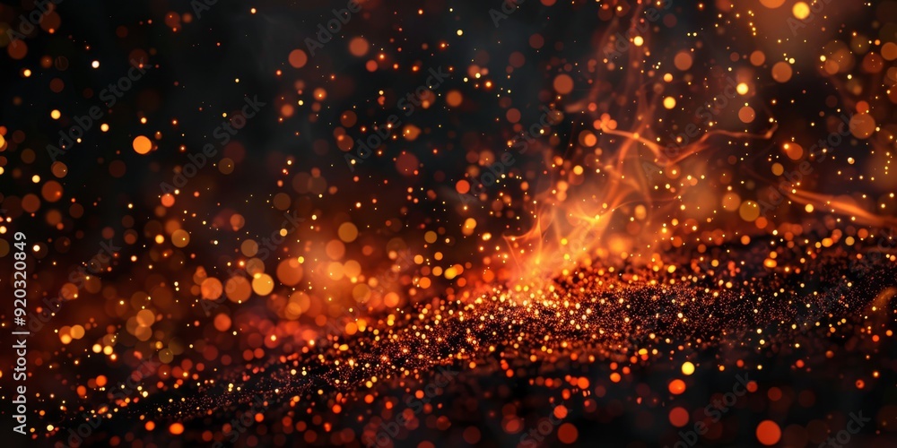 Poster an abstract visual of glowing orange particles dancing in darkness, creating a striking and captivat