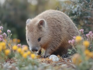 Obraz premium A detailed close-up of a wombat foraging in the bush, side view, showcasing the intricate details of its fur and habitat.