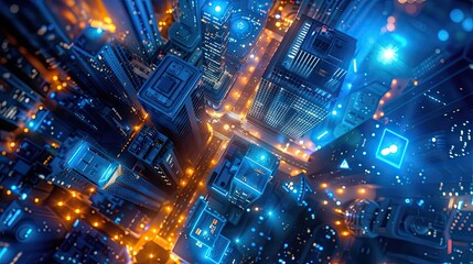 Obraz premium Aerial View of a Futuristic Cityscape at Night