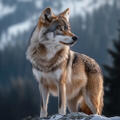 Fototapeta premium A detailed close-up of a wolf standing on a mountain range, side view, showcasing the cool tones of the environment.