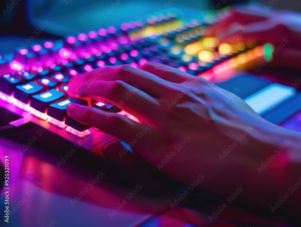Poster a close-up of hands typing on a colorful backlit keyboard in a gaming environment, showcasing vibran