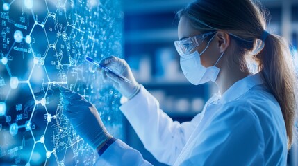 Female scientist wearing a lab coat and gloves, analyzing a futuristic interactive display with chemical formulas and hexagonal patterns.