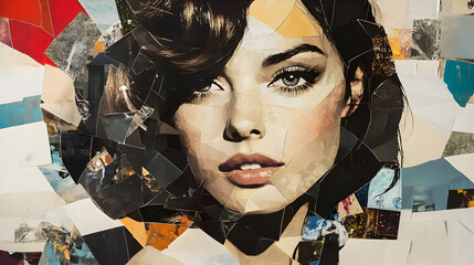 A vibrant collage portrait of a woman, blending various artistic styles and materials.