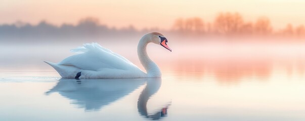 A detailed close-up of a swan gliding across a lake, side view, the serene water mirroring the gentle hues of the sky.