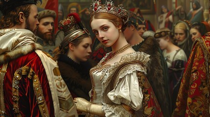 A noble scene of Queen Elizabeth Woodville, captured with intricate designs and rich colors in Renaissance art