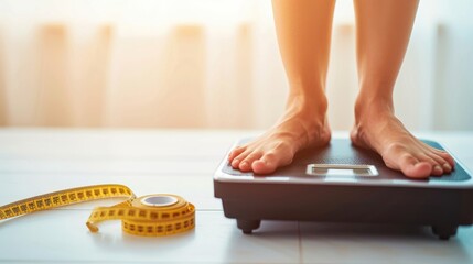 A close-up of bare feet on a weighing scale with a measuring tape, symbolizing health, fitness, and weight management.