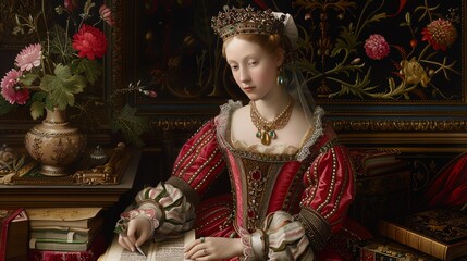 A serene scene of Queen Catherine of Valois, illustrated with reverent detail and vibrant colors in Renaissance art